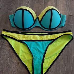 Bright yellow and teal strapless bikini swimsuit